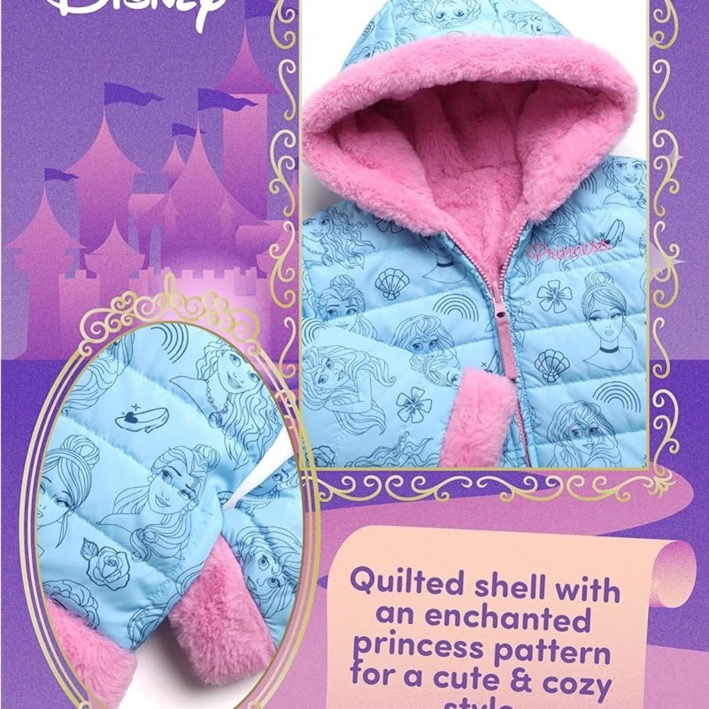 ❤️Disney Girls Puffer/Faux Fur Hooded Reversible Jacket Size 4 (NWT) - Picture 13 of 16